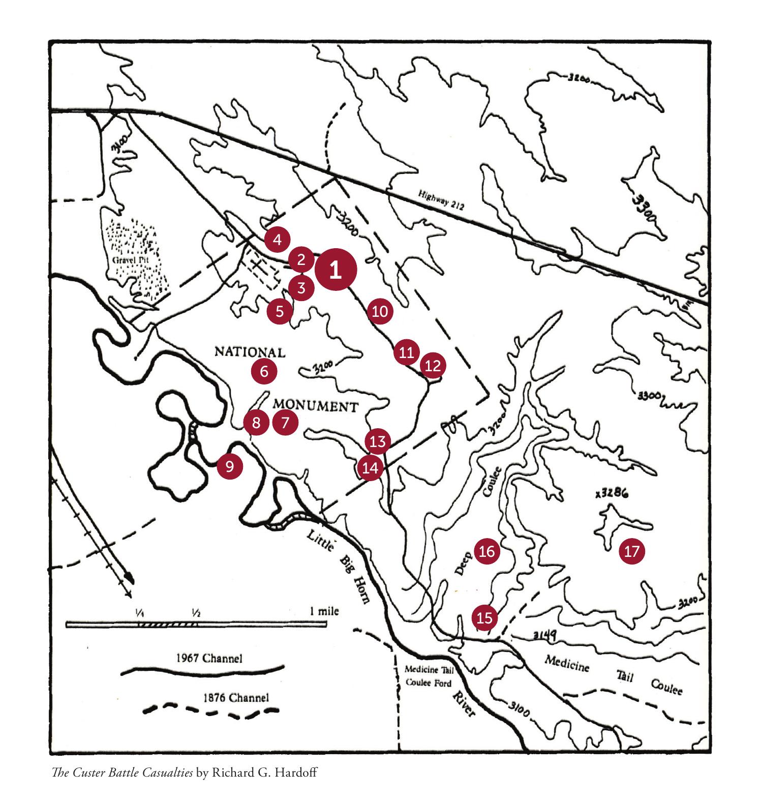 Map of the Custer battlefield showing the numbered locations where the bodies of Custer's command were recovered after the Battle of the Little Bighorn