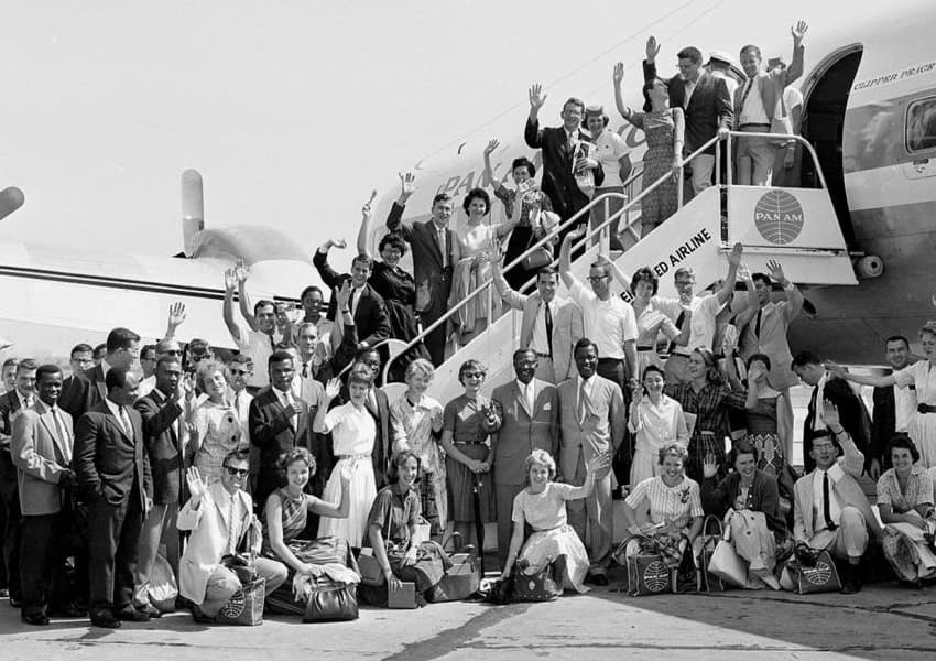 The first members of the Peace Corps to serve overseas depart for Ghana in August 1961